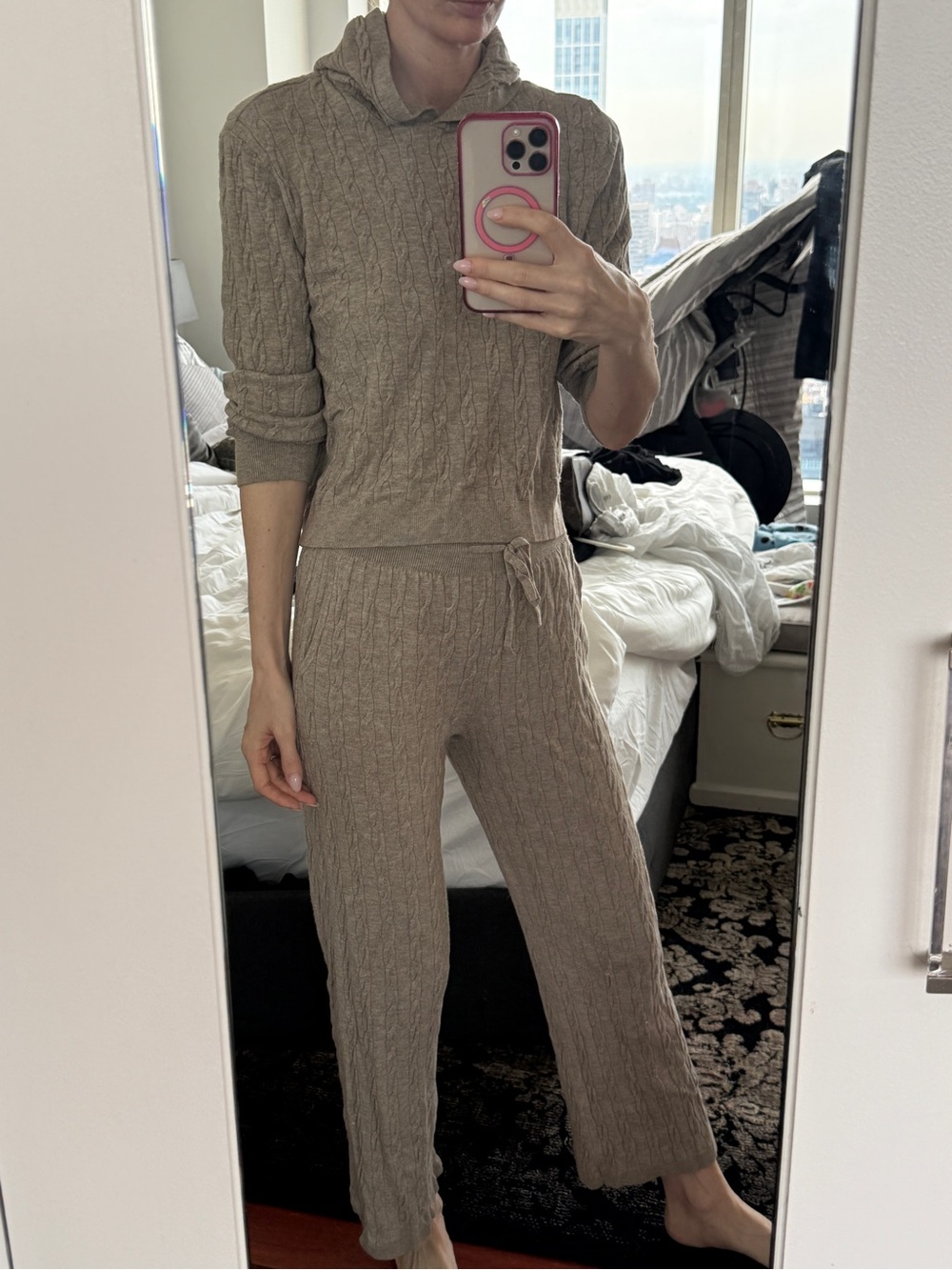 Cable-Knit Hooded Loungewear Pants Set - Taupe Uniqlo